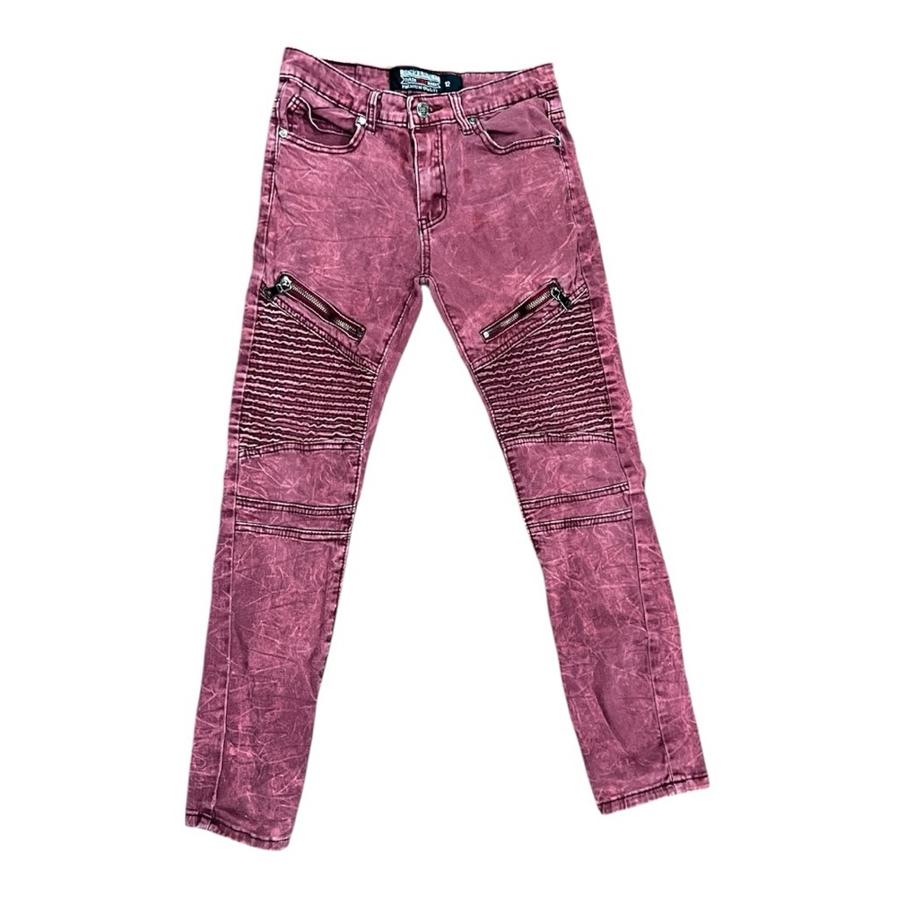 Denim & Rivets Burgundy Authentic Jeans, Zippers, Decorative Stitching